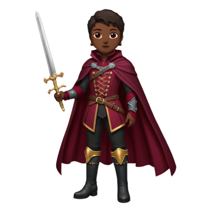 Vestimenta: Ropa de noble — chaqueta ajustada, capa corta, botas altas y espada al cinto. Colores oscuros (rojo vino, negro, granate) sticker