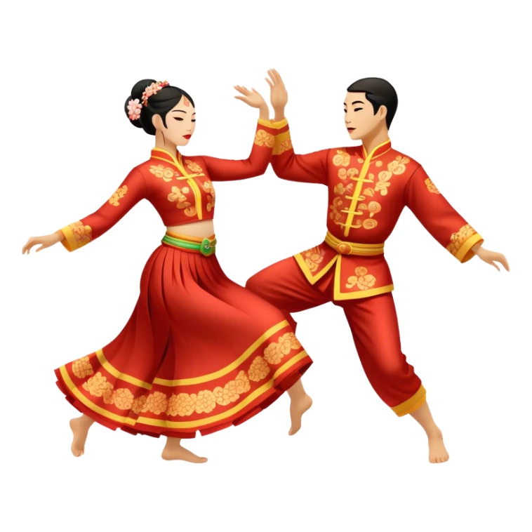 Cinematic Realistic scene of two performers executing a traditional Vietnamese folk dance, adorned in intricately patterned traditional costumes, captured in fluid motion with soft, culturally rich lighting sticker