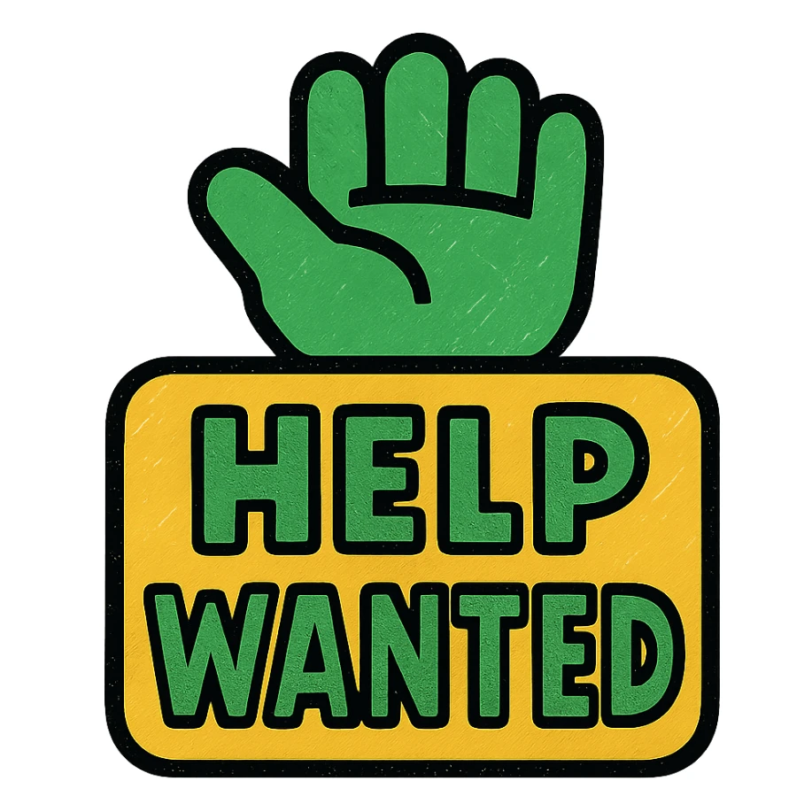 help wanted sign, modern look, green gold and white color scheme, rounded shapes, simple design sticker