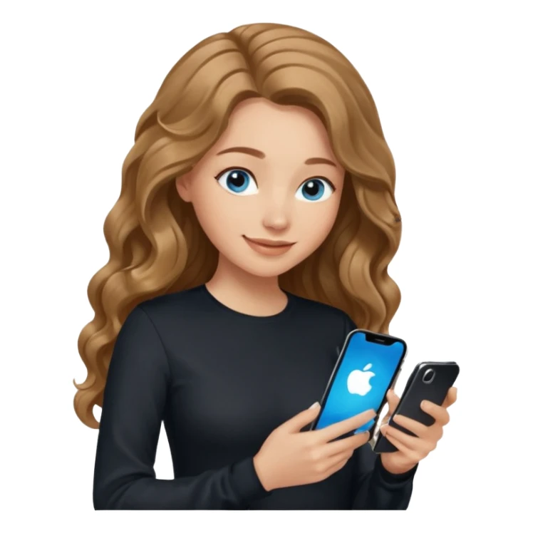 generate a pretty woman with blue eyes, light skin and medium brown long and really wavy shiny hair holding a phone she is looking at the phone while looking down at the screen. she is wearing an ALL black long sleeve. she is smiling sticker