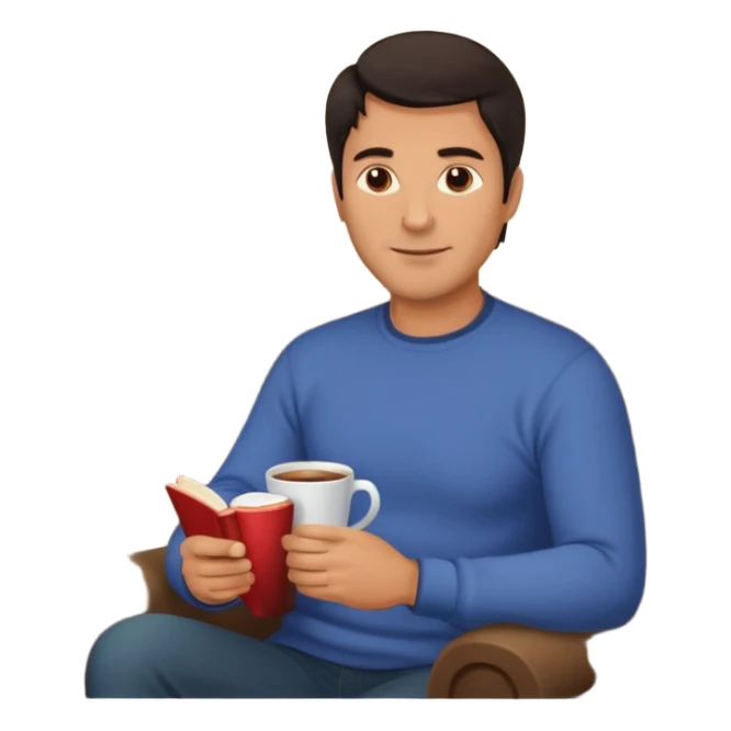 Handsome 45 year old man with dark hair sitting by a fireplace with a hot drink and a book. sticker