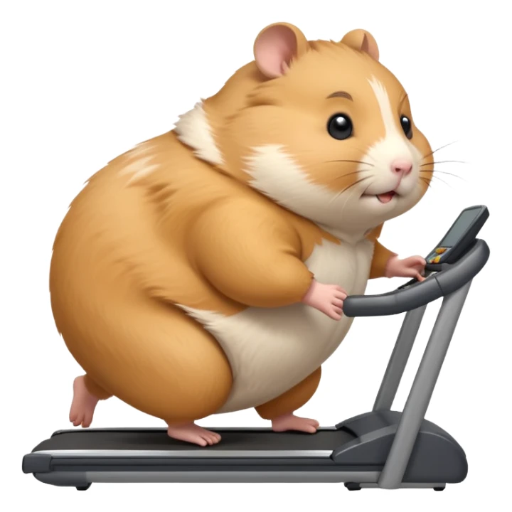 fat hamster big belly trying to run on treadmill sideways desperately trying to catch up with speed sticker