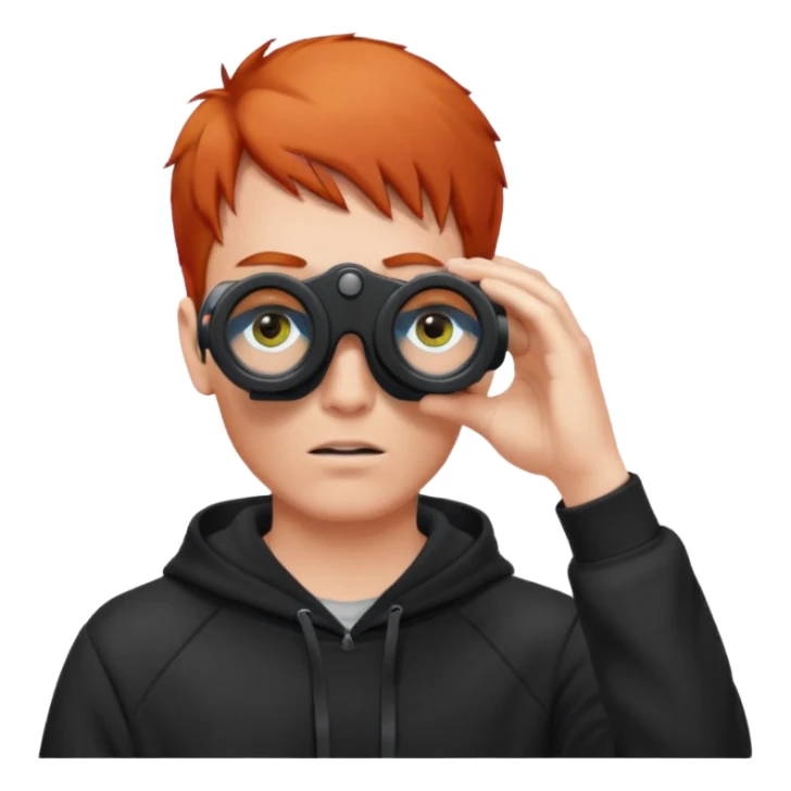 A red-haired, short-haired man without a beard, wearing a black hoodie, looks through binoculars sticker