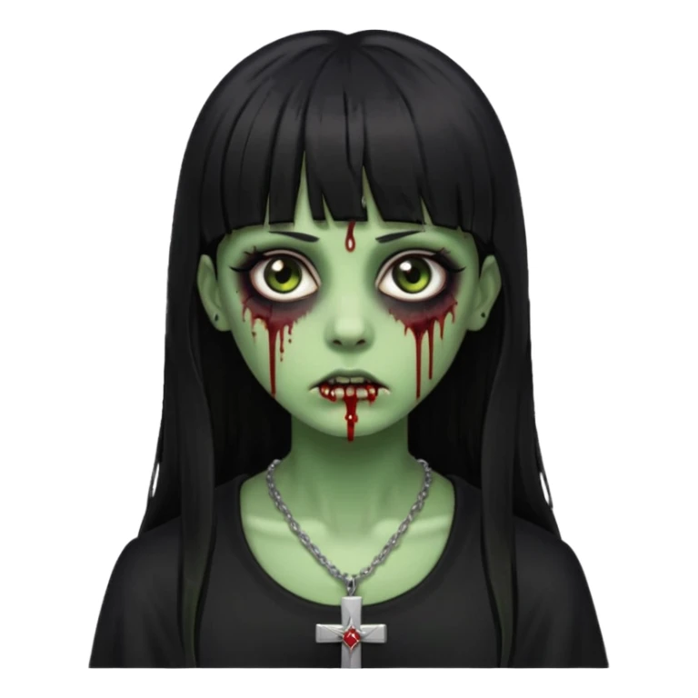 Zumbi verde com olhos castanhos aspecto de que tá sangrando, uma franja reta com cabelo preto um piercing do lado esquerdo do nariz, roupa preta e crucifixo como colar, e também delineador sticker