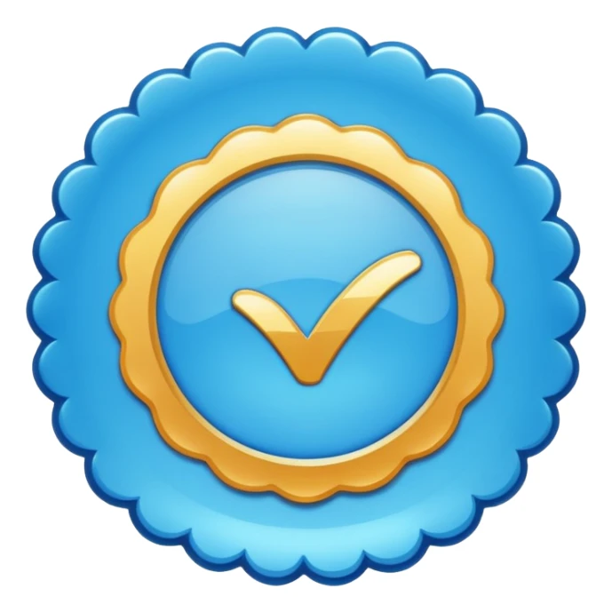 A blue scalloped circle with a verified thing sticker