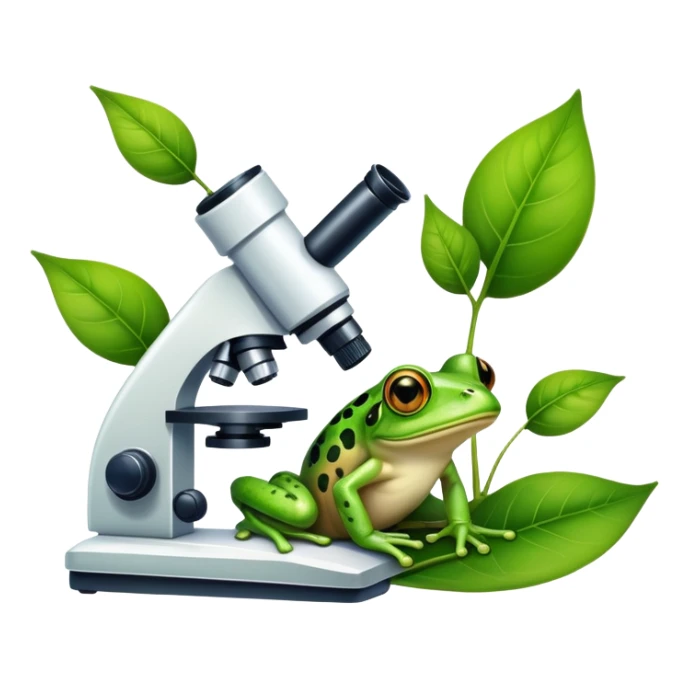 An icon featuring a DNA strand, a microscope, and a green leaf, symbolizing biology. The design includes animal cells, plant structures, and a frog, representing the study of living organisms and ecosystems. Transparent background highlights life sciences and biological research. sticker