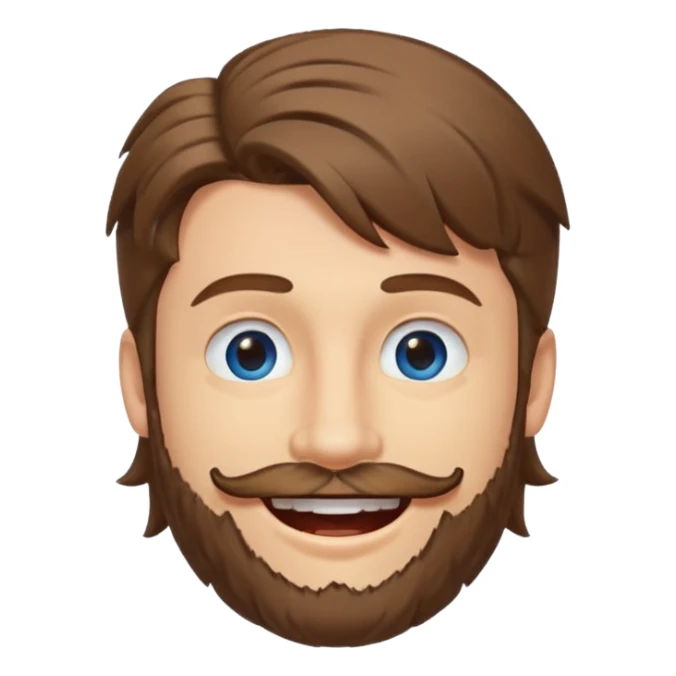 25 year old man, short scruffy beard and sparse moustache, brown puffy mullet, blue eyes, big smile, white teeth, big lips, pronounced jaw sticker