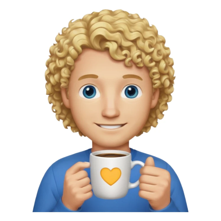 male developer with blonde curly hair and blue eyes, holding a coffee mug, happy sticker