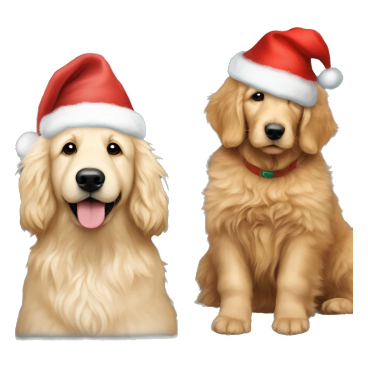 Make an emoji with a fluffy goldendoodle and golden retriever sitting next to each other with Christmas hats on  sticker