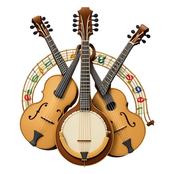 Design a sophisticated and festive emblem-like emoji representing plucked and stringed instruments. The layout should resemble a heraldic crest, featuring iconic instruments like a banjo, mandolin, domra, and sitar, artistically arranged in an elegant and symmetrical way. The necks of the instruments should be intertwined with a flowing ribbon of musical notes, winding around the strings and fretboards. The design should be detailed, showcasing the intricate carvings on the instruments, visible strings, and fret markers. Use a rich color palette with deep golds, browns, and vibrant accents to evoke a sense of luxury and celebration. The musical notes should appear to float around the instruments, connecting them in a graceful, dynamic way. Include ornate flourishes or decorative elements like laurels, swirls, or subtle engravings to give the image a professional, emblematic appearance. The background should be transparent. sticker