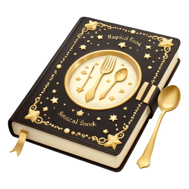 Magical glowing cookbook with a sparkling fork and spoon symbol on the cover, surrounded by tiny stars and magical sparkles sticker