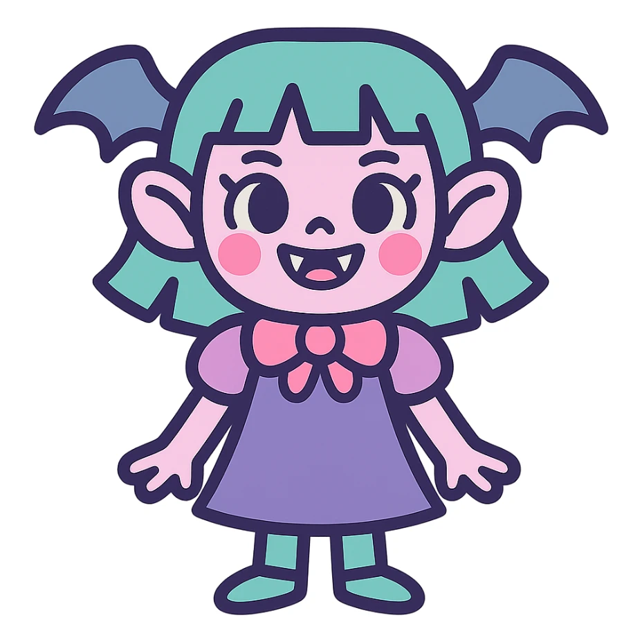 scary cute girl character, pastel colors, fangs, friendly expression sticker