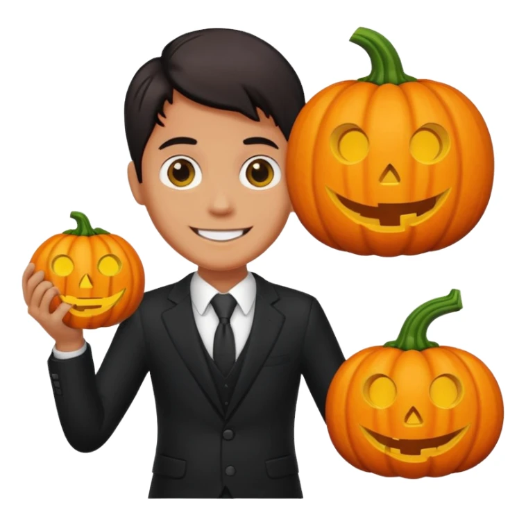 A pumpkin smiling at a magnifying glass (the magnifying glass has a suit thats black, the magnifying glass also has one eye in the middle turn the magnifying glass into a living person give the magnifying glass Normal looking eyes and give it actual arms and legs  sticker