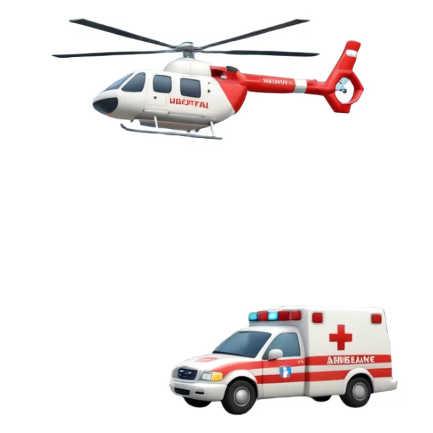 3d hospital outside, with text hospital, ambulance, helicopter sticker
