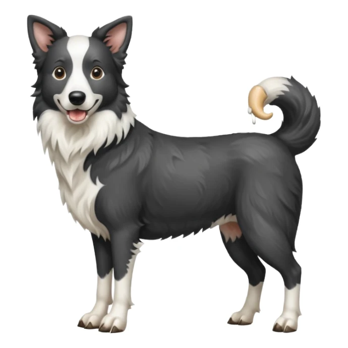 A black and white border collie werewolf, standing on her hind legs, holding a cow's hoof. sticker