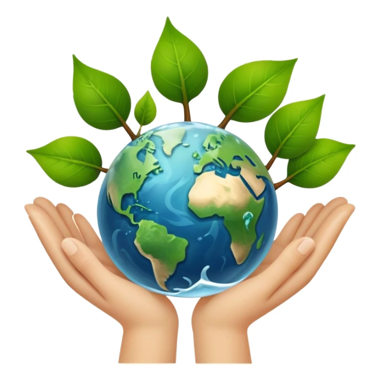 An icon featuring a green leaf, Earth held in hands, and a recycling symbol, symbolizing ecology. The design includes trees, clean water, and animals, representing environmental protection, sustainability, and ecosystems. Transparent background highlights the science of nature and conservation. sticker