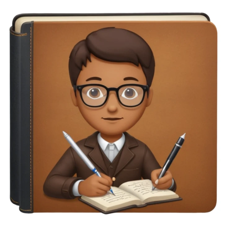 man hold a pen in hand write in book , wearing glasses sticker