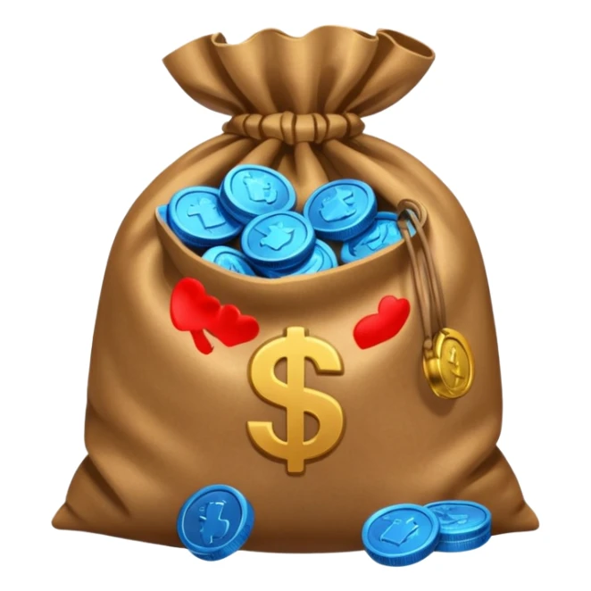 blue coins inside an opened brown money bag  sticker