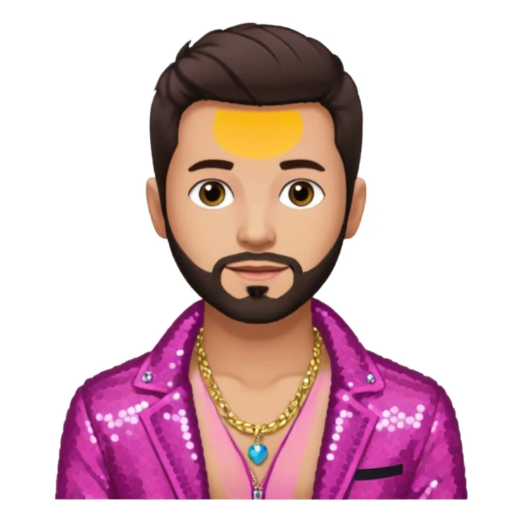 Frankie Zulferino, Pop Singer (b.1990) with dark brown hair and short beard, dark pink sequin jacket, light tan skin, shirtless with necklace sticker