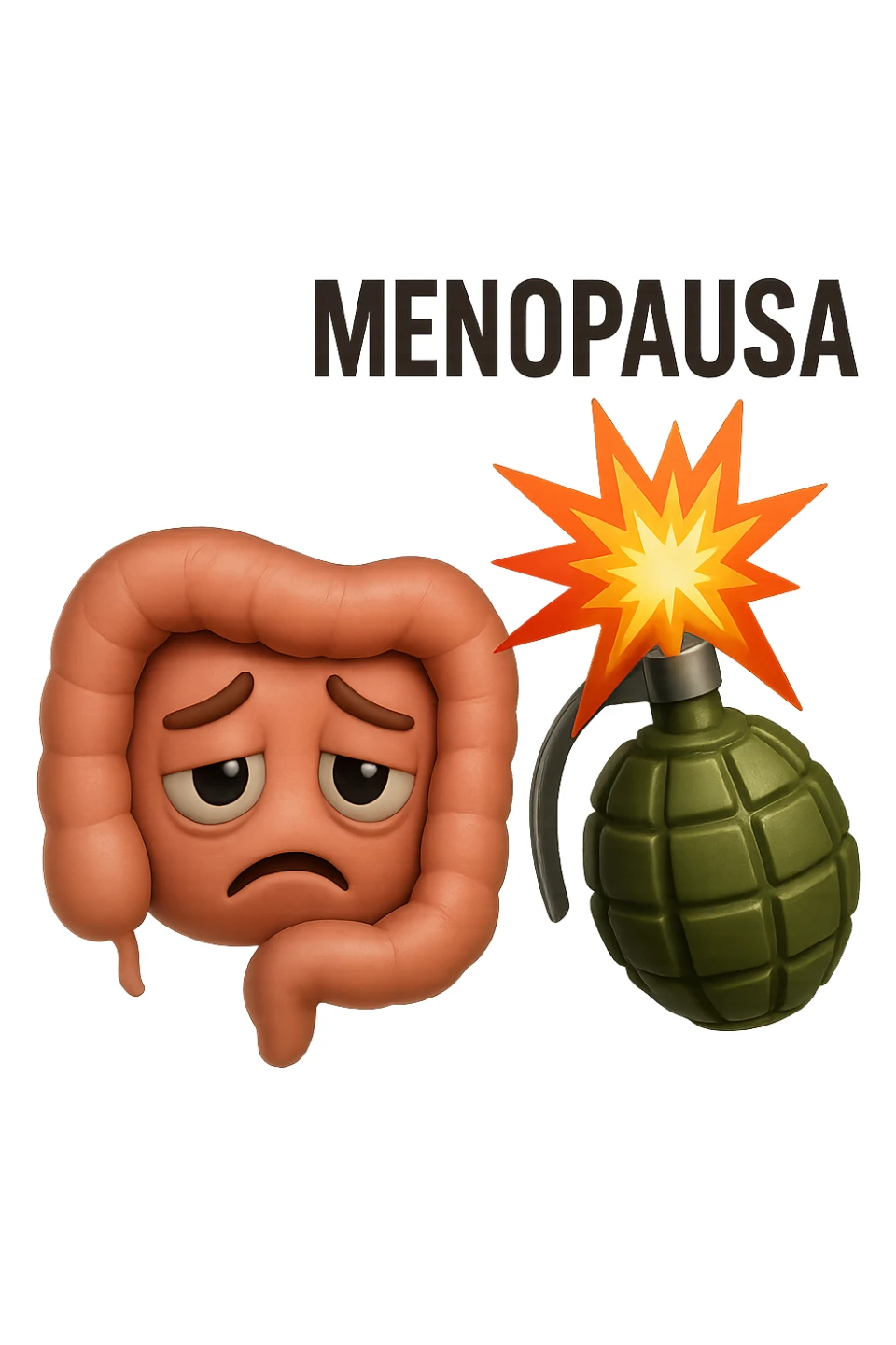 EMOJI STILE IPHONE 3D DI INTESTINO SFINITO CON ESPRESSIONE STANCA, ACCANTO A LUI SCOPPIA UNA GRANATA 3D CON LA SCRITTA "MENOPAUSA" SOPRA sticker