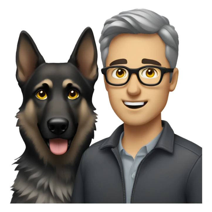 A guy with brown hair, gray eyes, and thin, stylish black glasses, accompanied by a gray German Shepherd (female) with yellow eyes. sticker