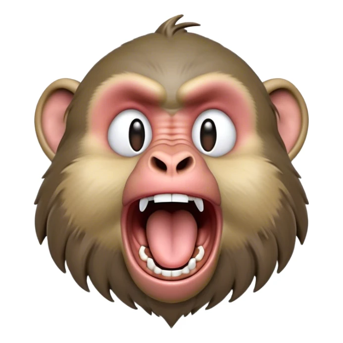 Cinematic Realistic Cute Yawning Baboon Portrait Emoji, Head tilted slightly with a dramatic, wide-open yawn, showcasing a soft, textured face with gently drooping features and half-closed, drowsy eyes, rendered with lifelike natural detail and warm shadows, high shine, relaxed yet expressive, styled with a dash of wild charm, soft glowing outline, capturing the essence of a sleepy yet affectionate baboon that appears ready to stretch out for a hearty nap! sticker