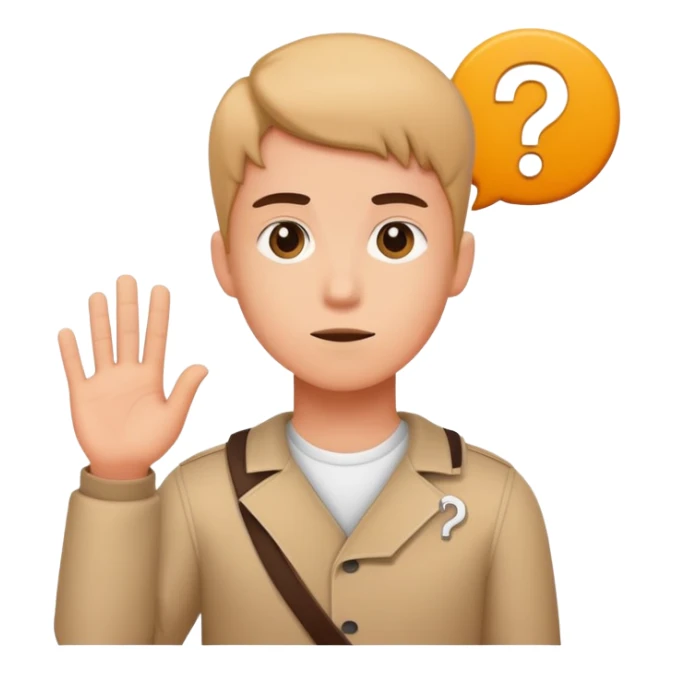 young character standing with a small help icon or question mark above their shoulder sticker