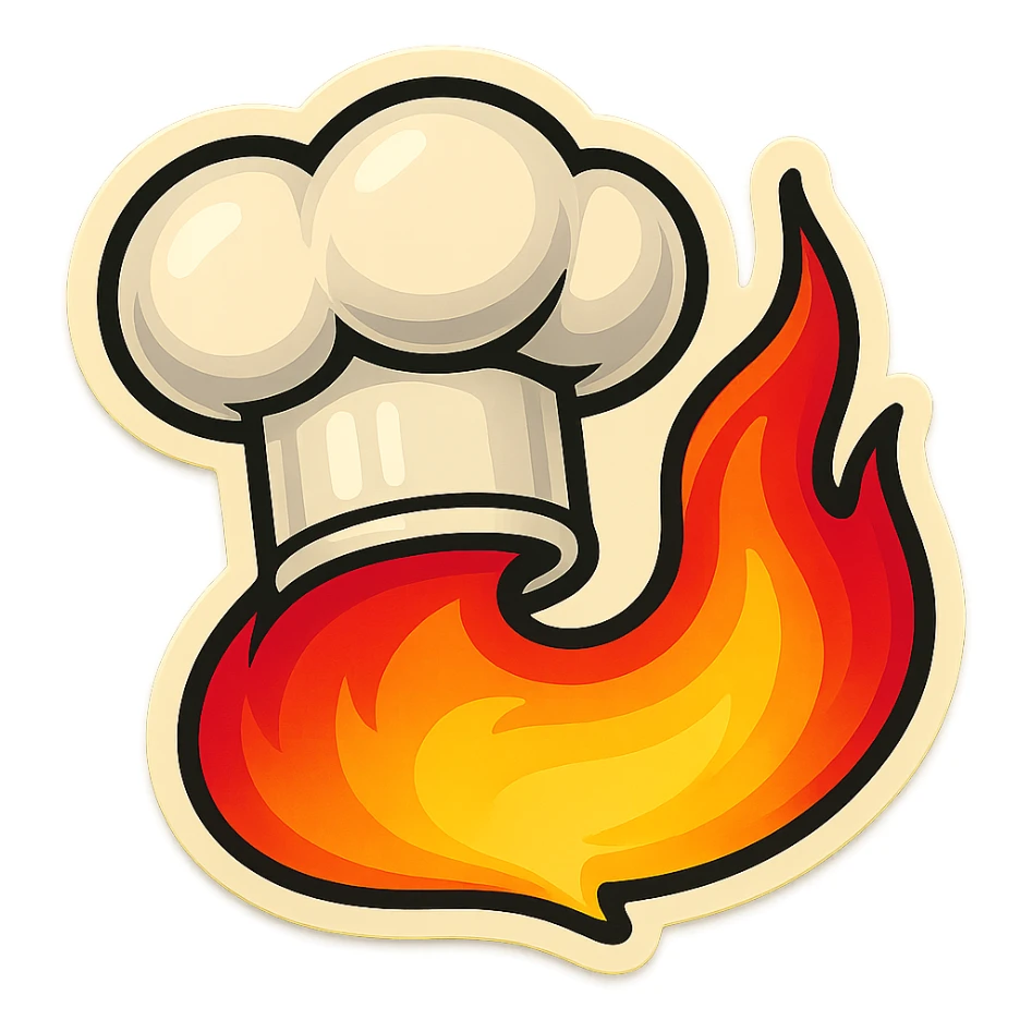 chef's hat pumping with a trail of fire emoji, playful, flame red gradient, hat is white, vibrant, flame matching style reference file sticker