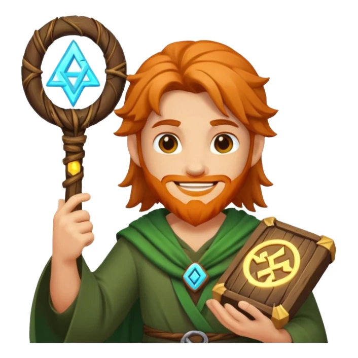 druid character satisfied smile holding glowing rune sticker