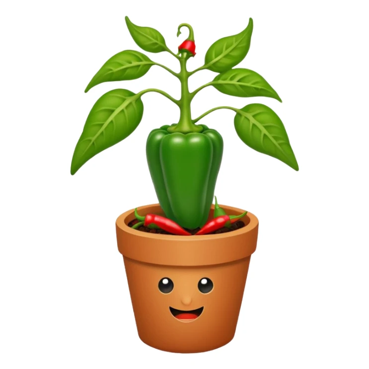 Potted green pepper plant with small chili peppers growing on it sticker
