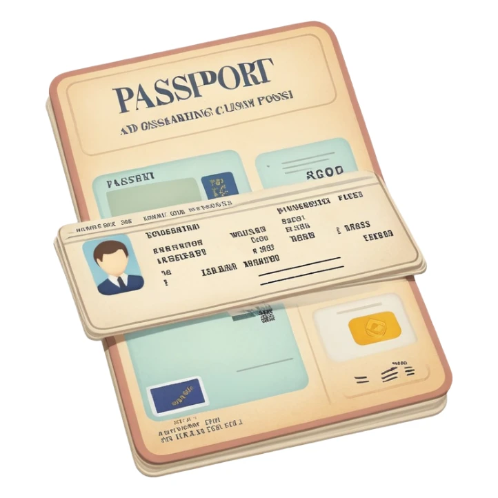 Passport and boarding pass with soft muted colors, not bright sticker