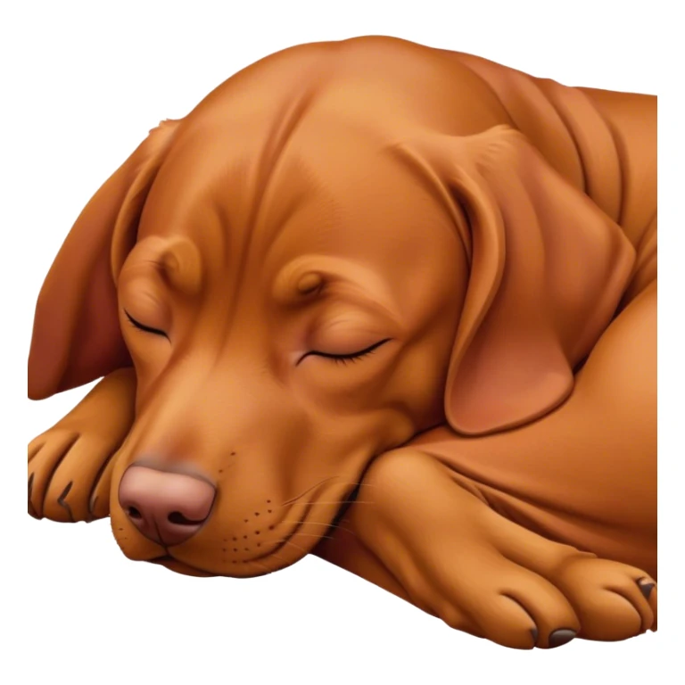 Meme-Worthy Cute Sleeping Vizsla Portrait Emoji, Head resting peacefully with a contented smile, showcasing a sleek, athletic build and a luxuriously soft rust and gold Fur, eyes shut in a serene nap, Simplified yet hilariously adorable features, highly detailed, glowing with a soft, drowsy light, high shine, relaxed and utterly lovable, stylized with an air of playful laziness, bright and heartwarming, soft glowing outline, capturing the essence of a comically sleepy companion, so meme-worthy it feels like it could instantly become the next viral sensation of adorable slumber! sticker