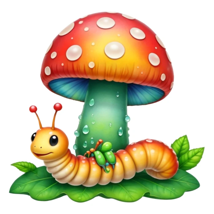 Tie dye mushroom with dew and a cute caterpillar  sticker