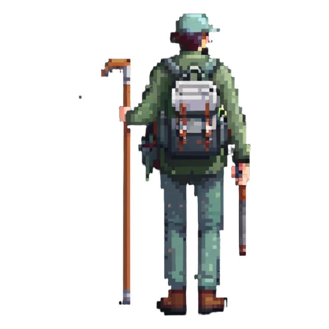 detailed man with visible face and full body standing in mist, wanderer with backpack and walking stick sticker
