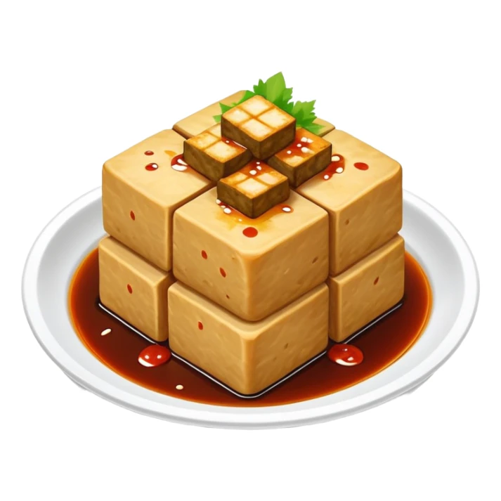 Changsha stinky tofu with dark appearance and sauce, simplified emoji style with bold outlines and bright colors, cartoon style Hunan specialty street food sticker