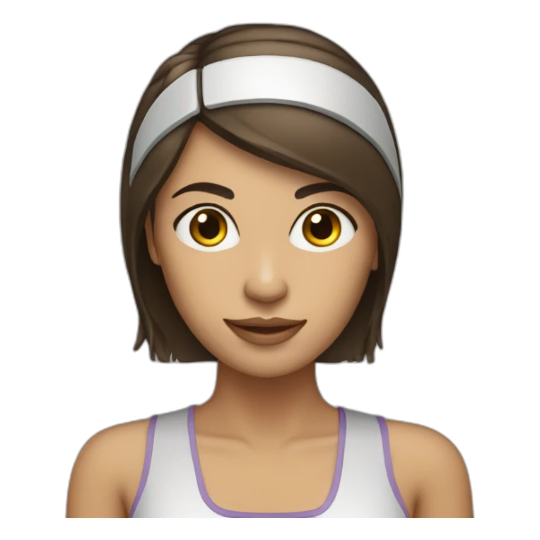 middle length straight hair brunette woman with headband and computer sticker