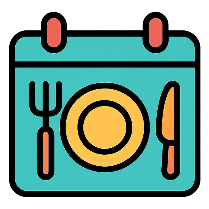 meal time icon, calendar with plate and cutlery, color outlined, modern icon style sticker