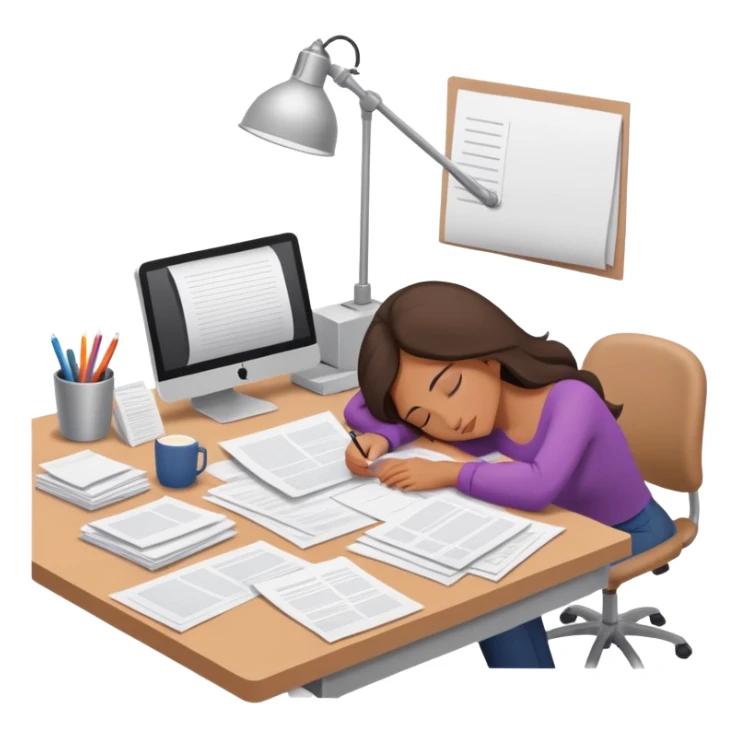 Woman dozing off at bare workspace, just papers on desk sticker