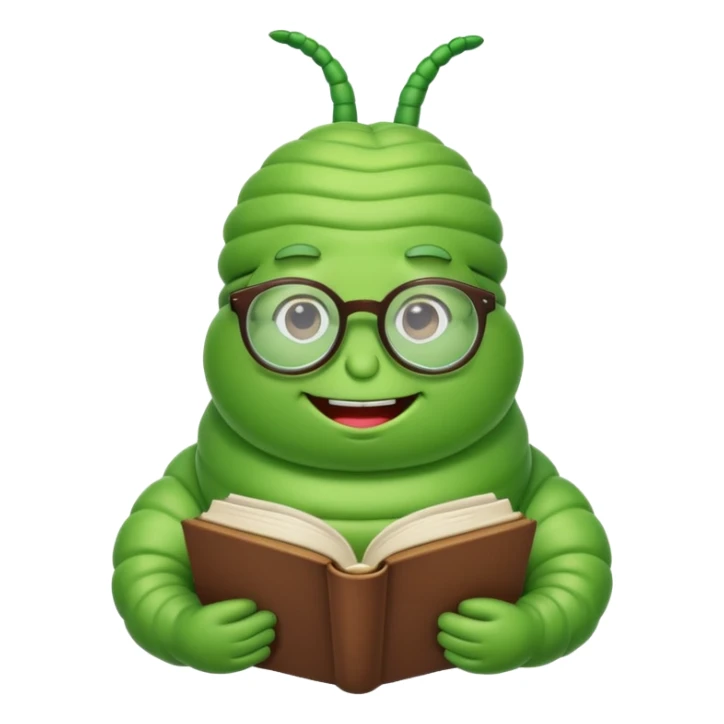green fat Worm with glasses reading book sticker