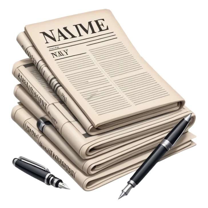 Create an emoji representing journalism and publicistic writing. The design should feature a stack of newspapers, an open notebook with visible text, and a single fountain pen placed near the notebook, symbolizing the act of writing. Use neutral, professional colors like black, white, and muted tones to convey a sense of seriousness and intellect. Do not include any emojis or smiley faces. Make the background transparent. sticker