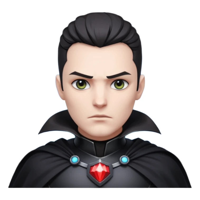dark sci-fi villain portrait, head and shoulders only, black armor, cape collar, intense eyes, dramatic lighting, 3D cartoon, mobile game icon, clean background, no text
 sticker