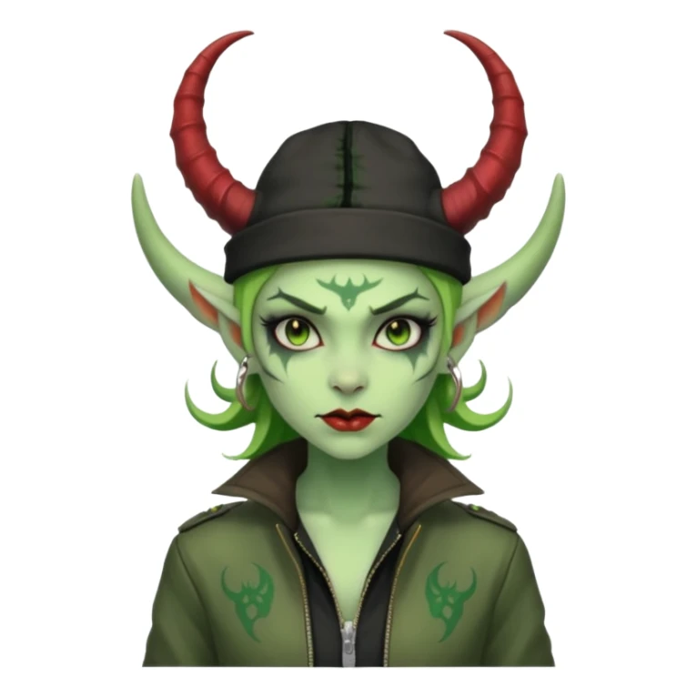 green girl demon with tattoos, hat, jacket and horns sticker