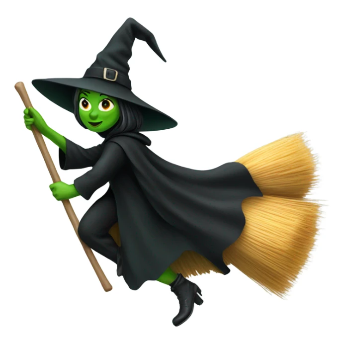 Flying green witch with black cape on broom sticker