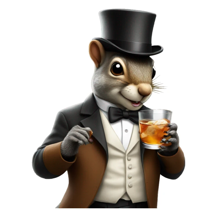 a squirrel with a mafia tophat holding a martini drink sticker