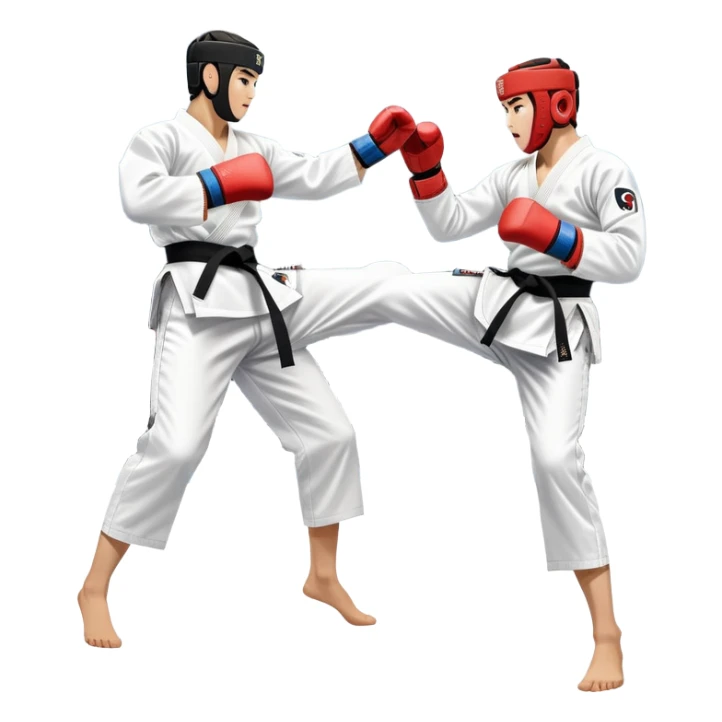 Two taekwondo fighters in traditional white doboks with black belts compete in a dynamic match. One delivers a high kick, while the other blocks using their knee. The background features a professional arena with bright lights and spectators. Transparent background. sticker