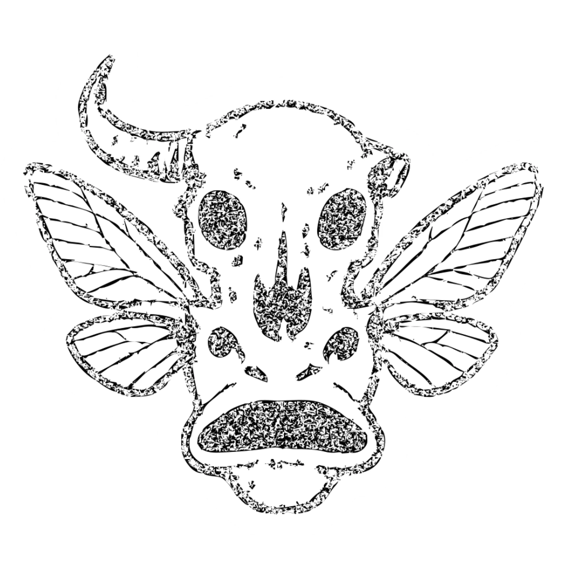a horrifying minimal red line drawing of just a head merging minotaur skull with broken horn, stoat snout, frog mouth, and moth wings extending from the head, hollow transparent center, heavily distressed with incomplete outlines, worn texture, eroded sections, and scratched appearance, only thin red lines sticker