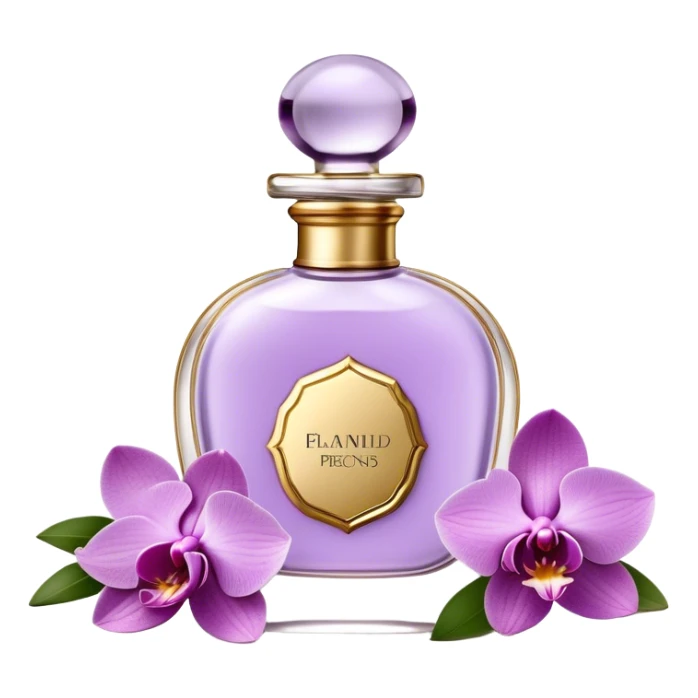 Create a delicate vintage French-style perfume bottle in an orchid hue, adorned with intricate gold detailing and an elegant glass stopper. Surround it with lush lilac flowers, along with soft lavender sprigs and petals scattered around for a dreamy, romantic atmosphere. The background should have a subtle antique texture, evoking the charm of a Parisian boudoir. The lighting should be soft and diffused, enhancing the luxurious and nostalgic feel sticker