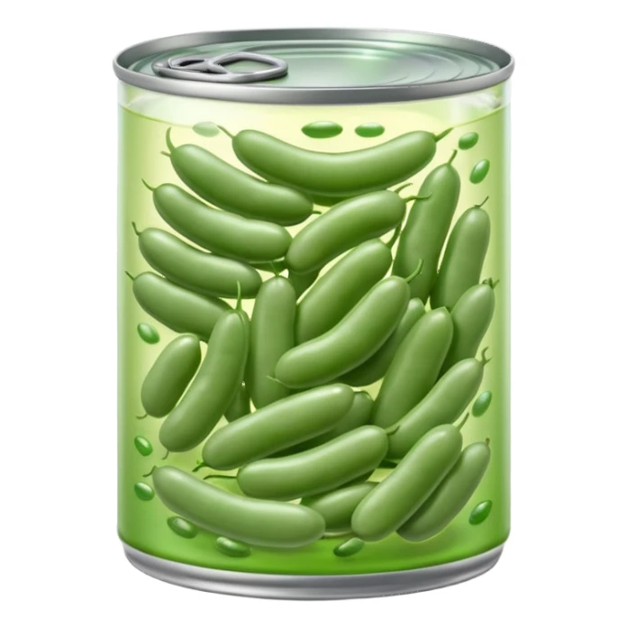 open metal can with pale green oval beans in clear liquid, no label or extras, soft lighting, subtle shadows, emoji scale sticker