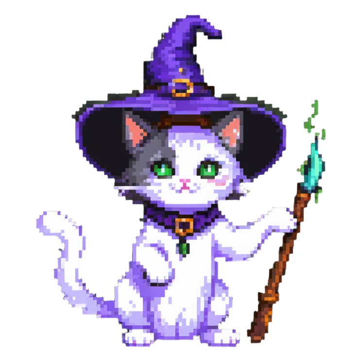 witch cat with a visible paw, cat wearing a witch hat, casting a spell sticker