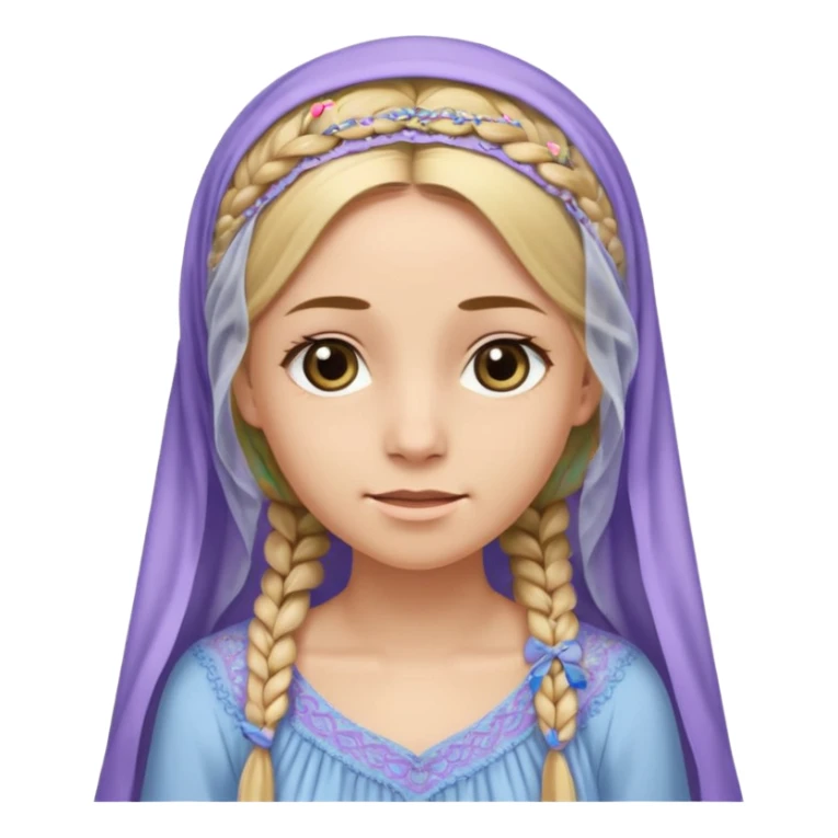 
mujer, Joven, de aspecto dulce y elegante.
Piel clara, ojos grandes y expresivos, sonrisa triste.
Rubio o castaño claro, largo, con trenzas o velo.
Vestido largo cubriendole los zapatos, çde tonos suaves (blanco, azul o lavanda), con bordados dorados; toca fina cubriendo la cabeza. sticker